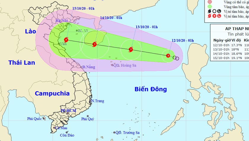 Vị trí tâm và đường đi của Áp thấp nhiệt đới sáng nay, 12/10.