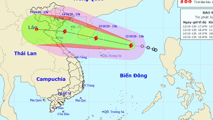Vị trí tâm và đường đi của bão chiều nay, 12/10.