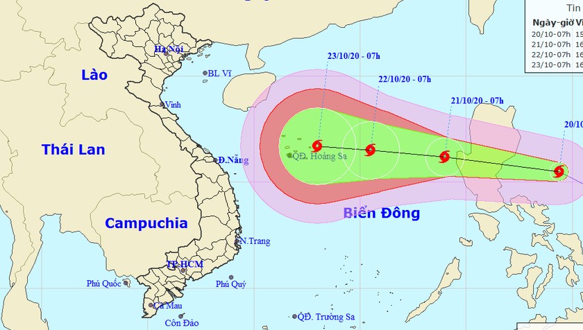 Vị trí tâm bão và đường đi của bão sáng nay, 20/10.