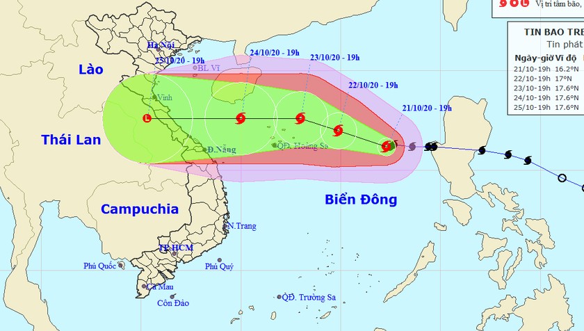 Vị trí tâm bão và đường đi của bão tối nay, 21/10.