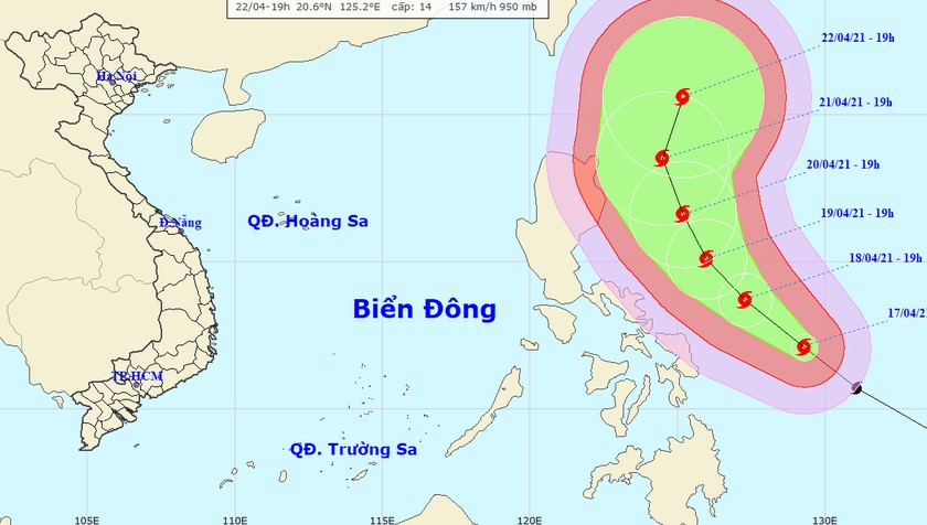 Vị trí tâm bão và đường đi của bão tối nay, 17/4.