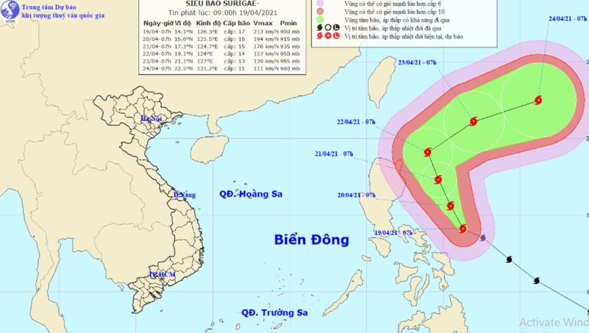 Vị trí tâm bão và đường đi của siêu bão sáng 19/4.