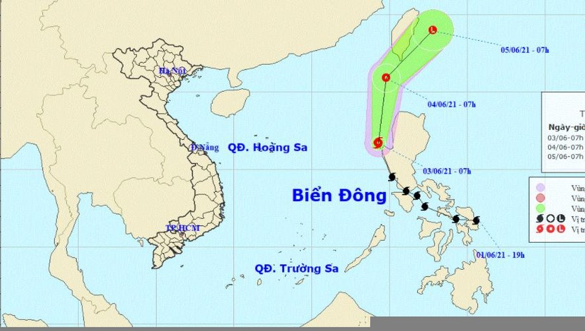 Vị trí tâm bão và hướng đi bão số 1 sáng nay, 3/6.