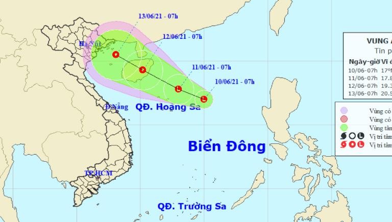 Vị trí và hướng di chuyển của vùng áp thấp chiều nay, 10/6.