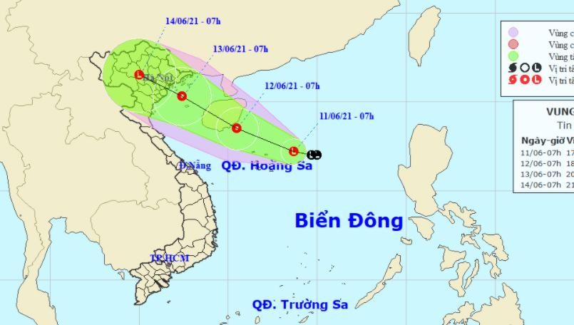 Vị trí và hướng đi của áp thấp sáng nay, 11/6.