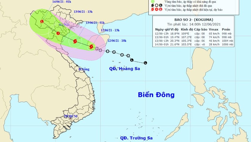 Vị trí tâm bão và đường đi của bão số 2 vào 13h hôm nay, 12/6.