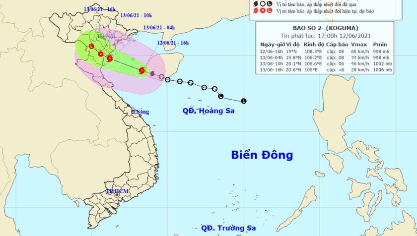 Vị trí tâm bão và đường đi bão số 2 chiều tối nay, 12/6.