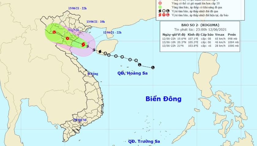 Vị trí tâm bão và đường đi bão số 2 đêm nay, 12/6.