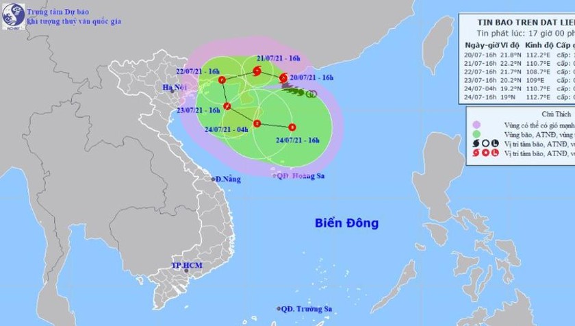 Vị trí tâm bão và đường đi của bão chiều nay, 20/7.