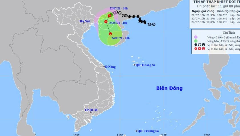 Vị trí và đường đi của áp thấp nhiệt đới trưa 22/7.