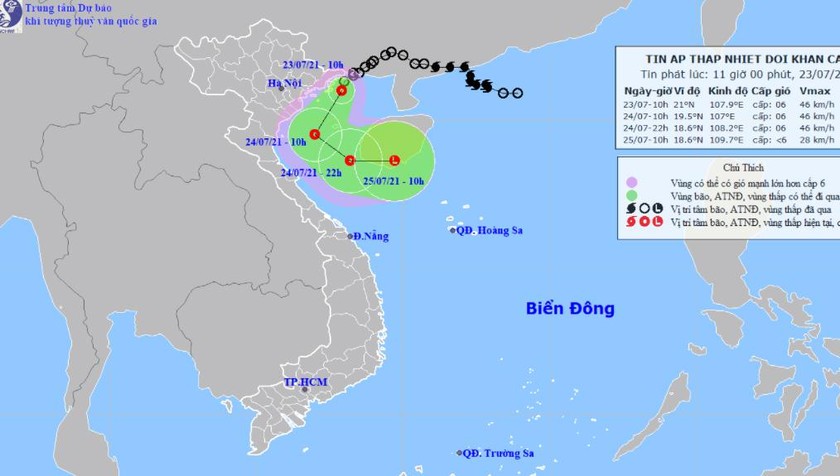 Vị trí và đường đi áp thấp nhiệt đới trưa nay, 23/7.