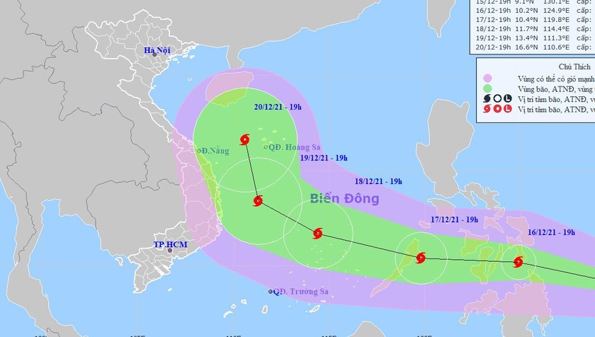 Đường đi của bão tối nay, 15/12.