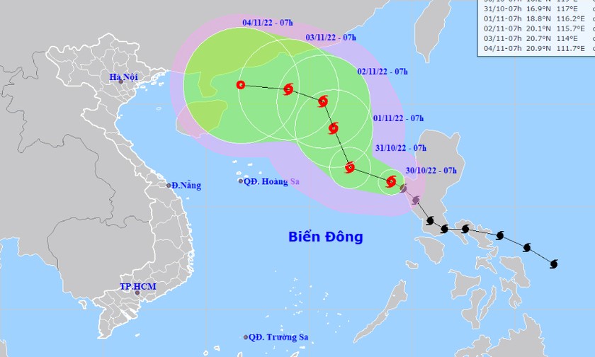 Vị trí tâm bão vào hướng đi của bão số 7 sáng nay, 30/10.