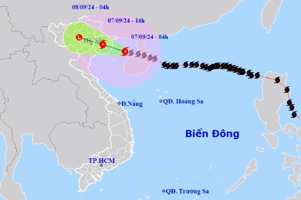 Vị trí và đường đi của bão số 3 sáng nay, 7/9. Ảnh: Trung tâm dự báo khí tượng thủy văn Quốc gia.