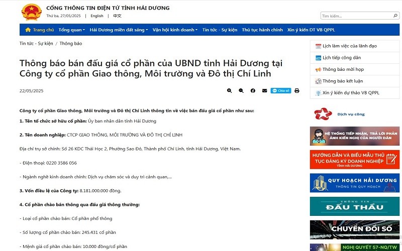 Thông báo được phát đi từ UBND tỉnh Hải Dương.