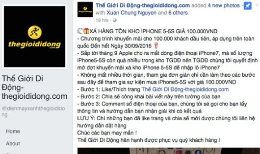 Iphone 5S giá 100 nghìn đồng bán tràn lan trên fanpage giả của Thế giới di động