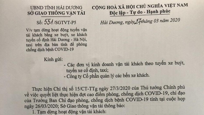 Văn bản yêu cầu tạm dừng vận tải hành khách của tỉnh Hải Dương