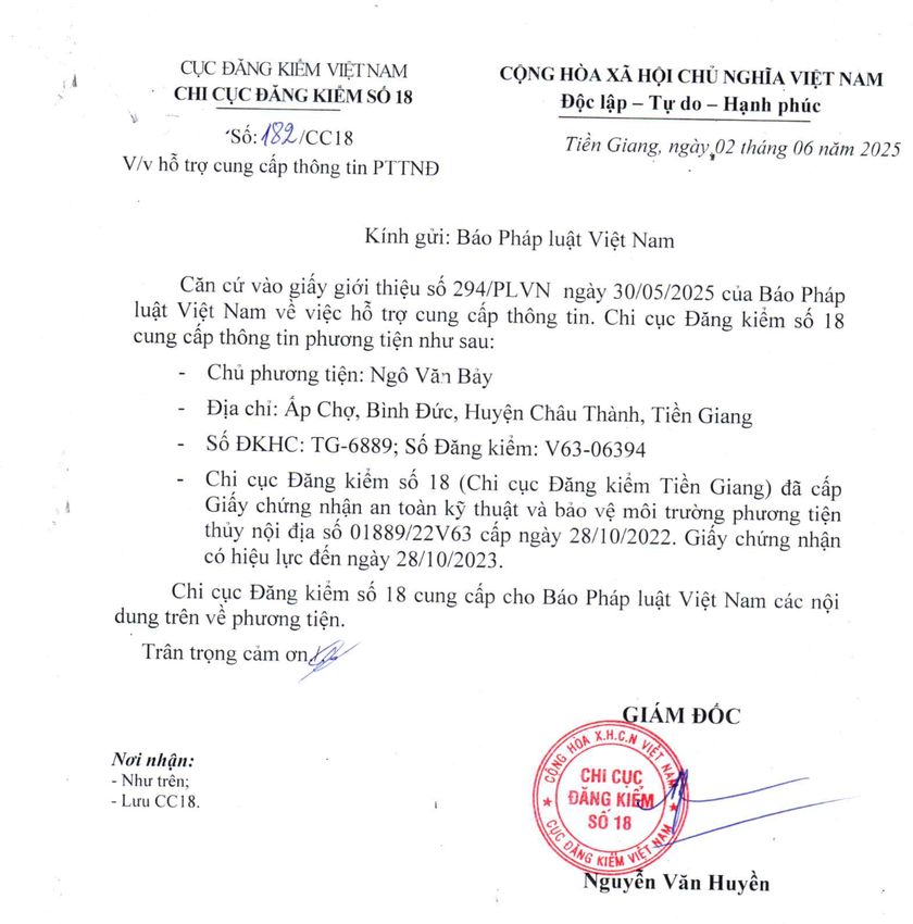 Cục Đăng kiểm Tiền Giang xác nhận phương tiện hết hạn đăng kiểm từ ngày 28/10/2023.