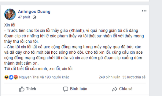 Nữ phụ huynh xin lỗi trên facebook sau đó gỡ bỏ