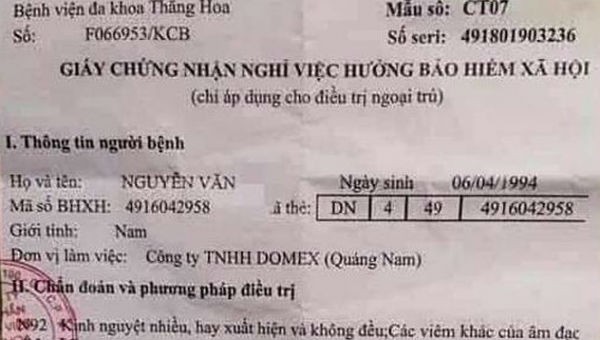 Giấy khám mà Bệnh viện Đa khoa Thăng Hoa xác nhận cho anh V.