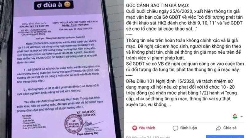 Thông tin giả mạo phát tán trên mạng đã được Sở GD&ĐT kịp thời ngăn chặn, cảnh báo.