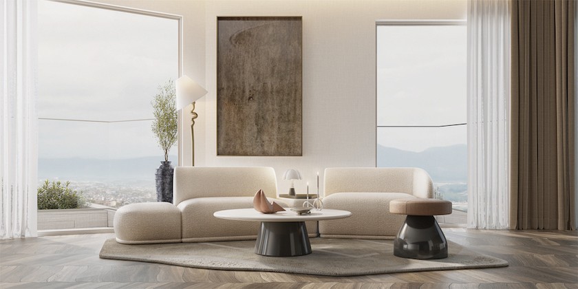 Sofa trong phòng ngủ Sky Mansions, khung được làm từ gỗ nguyên khối, lớp vỏ được cắt may thủ công bằng tay bởi nghệ nhân lâu đời người Ý.