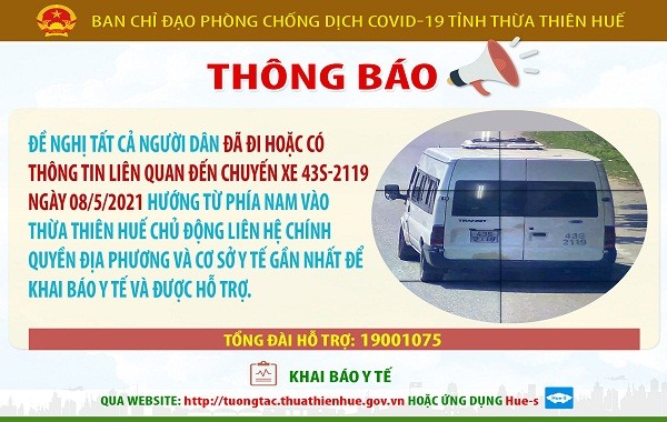 Thông báo của Ban chỉ đạo phòng,chống dịch Covid-19 tỉnh Thừa Thiên Huế tìm những người đi cùng chuyến xe với bệnh nhân covid-19 số 3660 