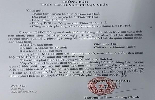 Cơ quan CSĐT Công an TP. Huế phát thông báo truy tìm tung tích nạn nhân 