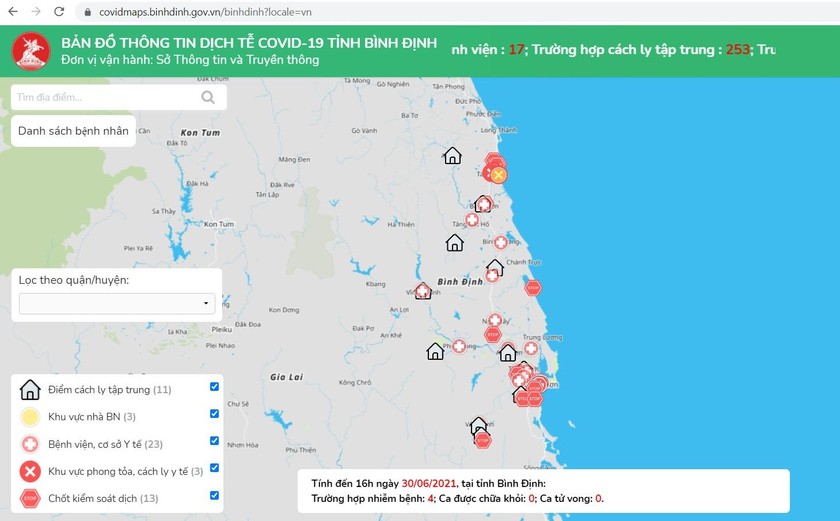 Bản đồ thông tin dịch tễ COVID-19 tỉnh Bình Định vận hành từ ngày 1/7.