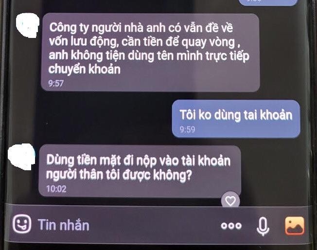 Tin nhắn của đối tượng giả mạo tài khoản mạng xã hội của lãnh đạo tỉnh để chiếm đoạt tài sản