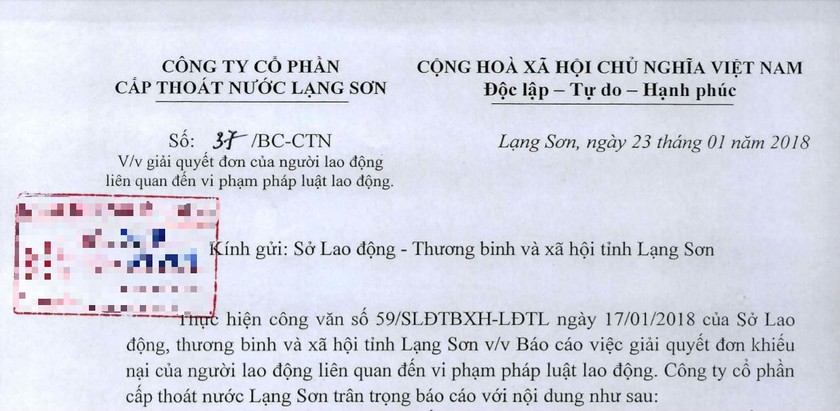 Báo cáo của Công ty Cổ phần Cấp thoát nước Lạng Sơn.