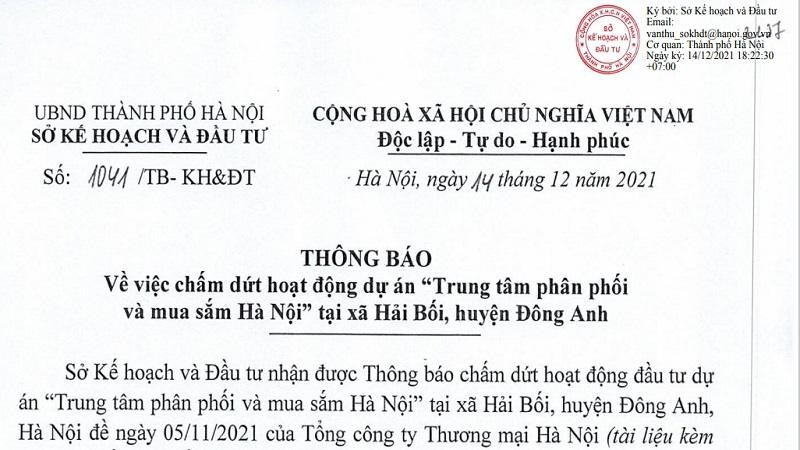 Thông báo của Sở Kế hoạch và Đầu tư TP Hà Nội.