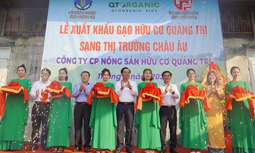 Chủ tịch UBND tỉnh Quảng Trị Võ Văn Hưng; Phó Chủ tịch Thường trực UBND tỉnh Hà Sỹ Đồng cùng các đại biểu cắt băng lễ xuất khẩu gạo hữu cơ Quảng Trị sang thị trường châu Âu.