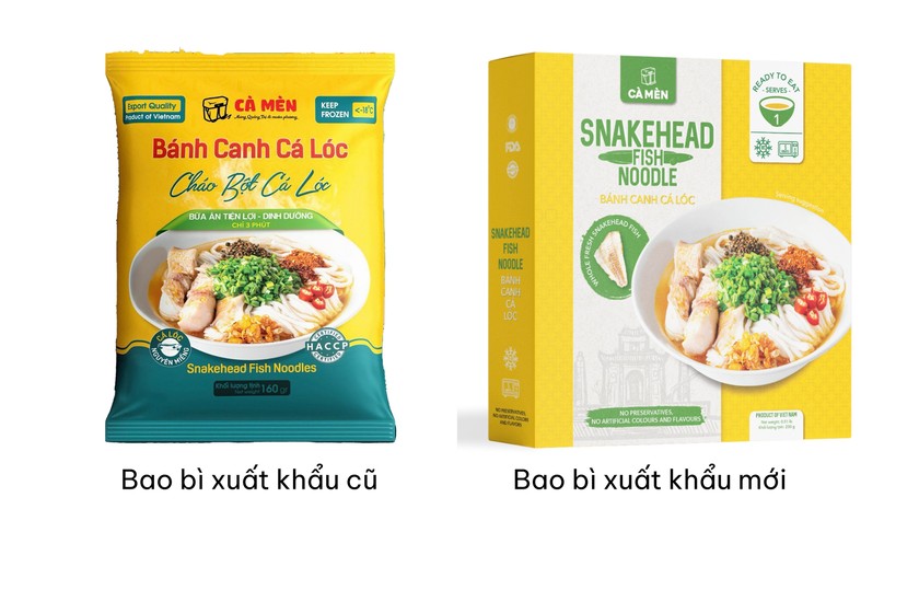 Cận cảnh bao bì cũ (gói) và bao bì mới (hộp) của Bánh canh cá lóc.