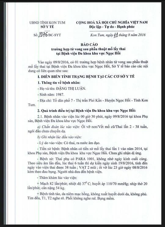 Báo cáo của Sở Y-tế về vụ sản phụ tử vong là do “sự cố y khoa”.