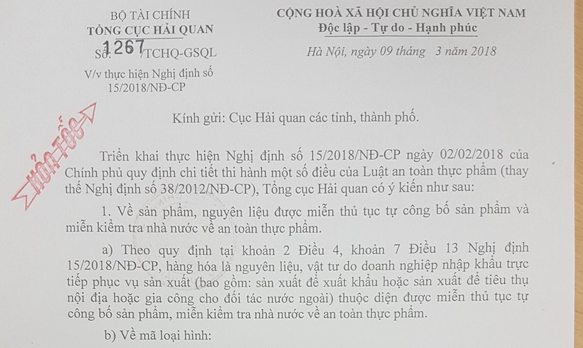 Tổng cục Hải quan hoả tốc hướng dẫn gỡ vướng cho doanh nghiệp khi triển khai Nghị định 15 về an toàn thực phẩm 