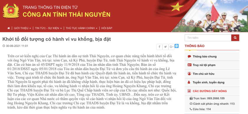 Công an Thái Nguyên khởi tố đối tượng bịa đặt, vu khống Chi cục trưởng Thi hành án dân sự Đại Từ