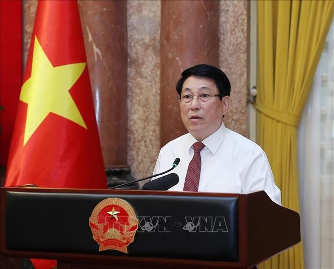 Chủ tịch nước Lương Cường phát biểu tại buổi gặp mặt các nhà báo tiêu biểu toàn quốc. Ảnh: Lâm Khánh/ TTXVN