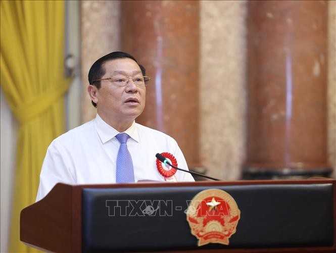 Đồng chí Lại Xuân Môn, Uỷ viên Trung ương Đảng, Phó Trưởng ban Thường trực Ban Tuyên giáo và Dân vận Trung ương báo cáo. Ảnh: Lâm Khánh/ TTXVN