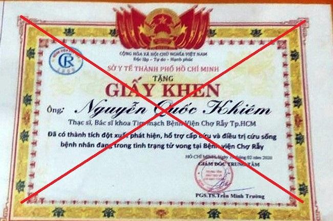 Giấy khen giả tự nhận là thạc sĩ, bác sĩ thuộc Khoa tim mạch, Bệnh viện Chợ Rẫy của Nguyễn Quốc Khiêm.