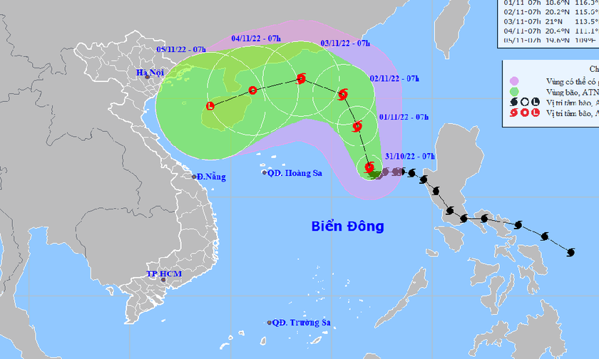 Dự báo hướng di chuyển của bão số 7.