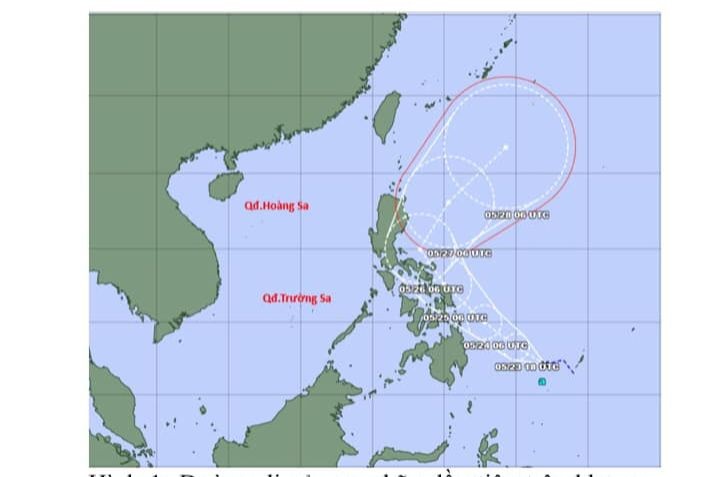 Đường đi của áp thấp nhiệt đới, dự kiến là cơn bão đầu tiên trên khu vực Tây Bắc Thái Bình Dương. Ảnh: Trung tâm dự báo KTTV Quốc gia
