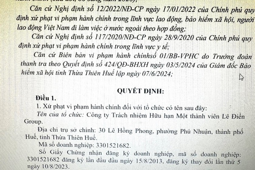 Quyết định xử phạt Công ty TNHH MTV Lê Điền Group do chậm đóng BHXH bắt buộc, BH thất nghiệp.