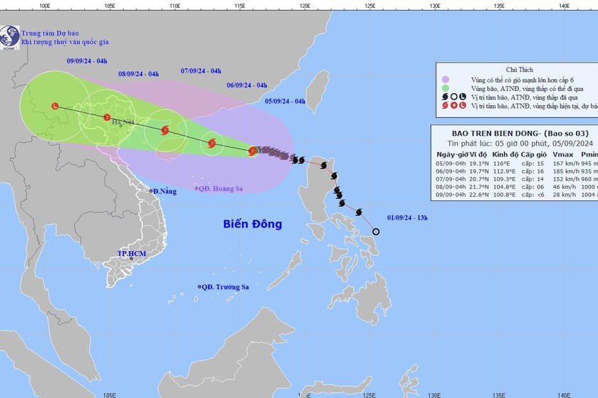 Dự báo vị trí, hướng di chuyển của bão số 3. Ảnh: Trung tâm dự báo KTTV Quốc gia