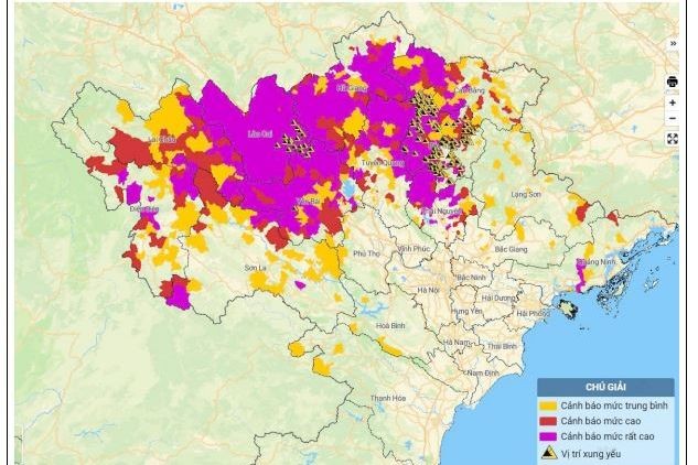 Bản đồ cảnh báo nguy cơ lũ quét, sạt lở đất đá trên các khu vực. Ảnh: Trung tâm dự báo KTTV Quốc gia