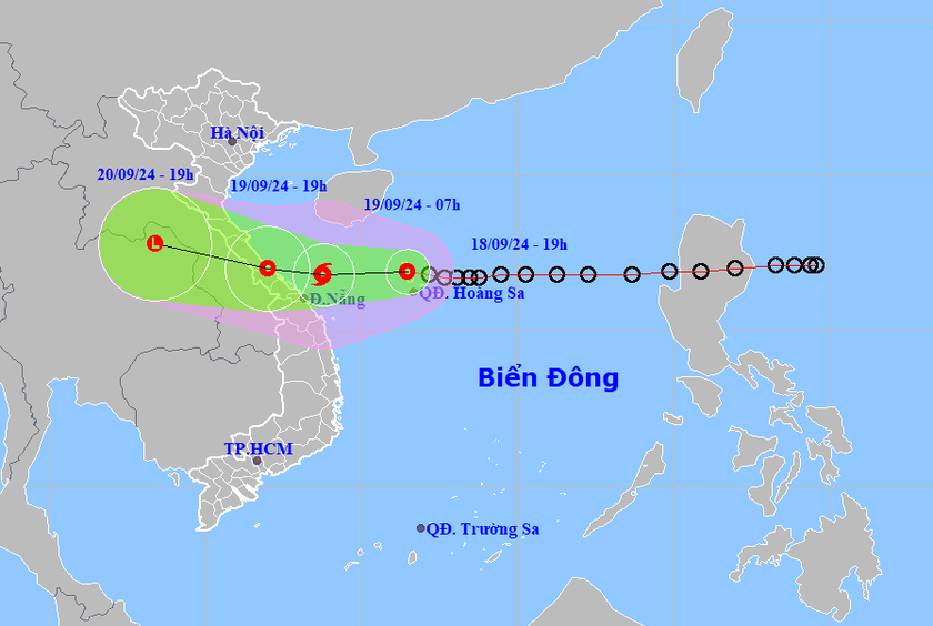 Dự báo vị trí, hướng di chuyển của áp thấp nhiệt đới tối 18/9. Ảnh: Trung tâm dự báo KTTV Quốc gia