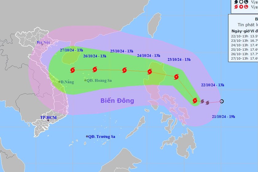 Dự báo vị trí, hướng di chuyển của cơn bão Trà Mi. Ảnh: Trung tâm dự báo KTTV Quốc gia