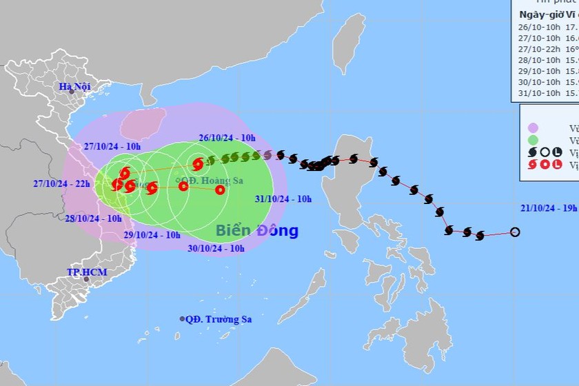 Vị trí, hướng di chuyển của bão số 6 trưa nay, 26/10. Ảnh: Trung tâm dự báo KTTV Quốc gia