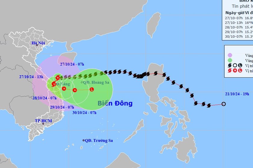 Dự báo vị trí và hướng di chuyển của bão số 6. Ảnh: Trung tâm dự báo KTTV Quốc gia