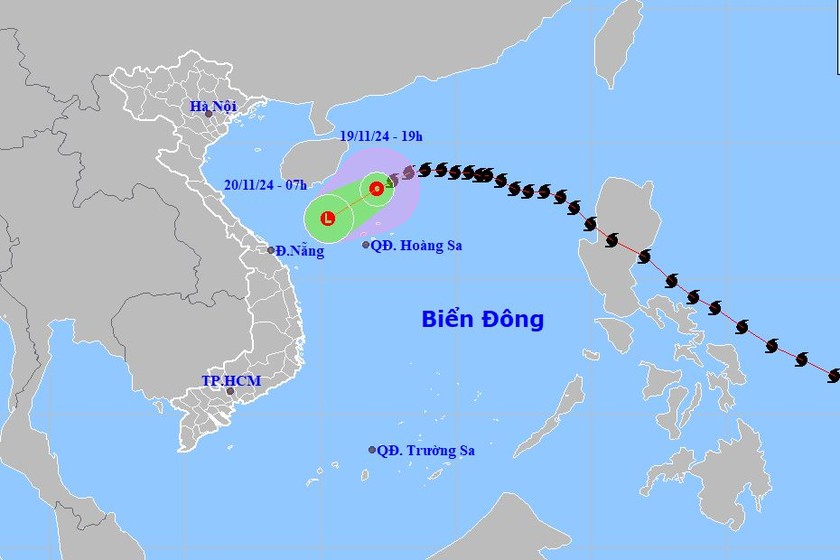 Chiều tối nay (19/11) bão số 9 đã suy yếu thành áp thấp nhiệt đới. Ảnh: Trung tâm dự báo KTTV Quốc gia